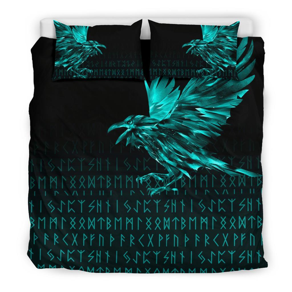 Viking Bedding Set The Raven Of Odin Rune Cyan Style