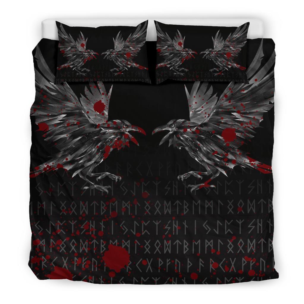 Viking Bedding Set Odin Huginn and Muninn Rune Blood