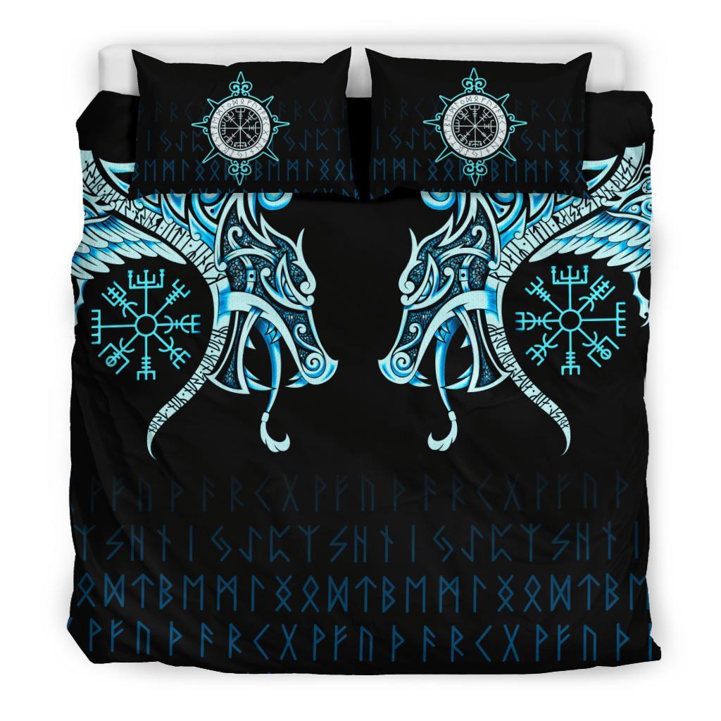 Viking Bedding Set Fenrir Raven And Vegvisir Tattoo Cyan