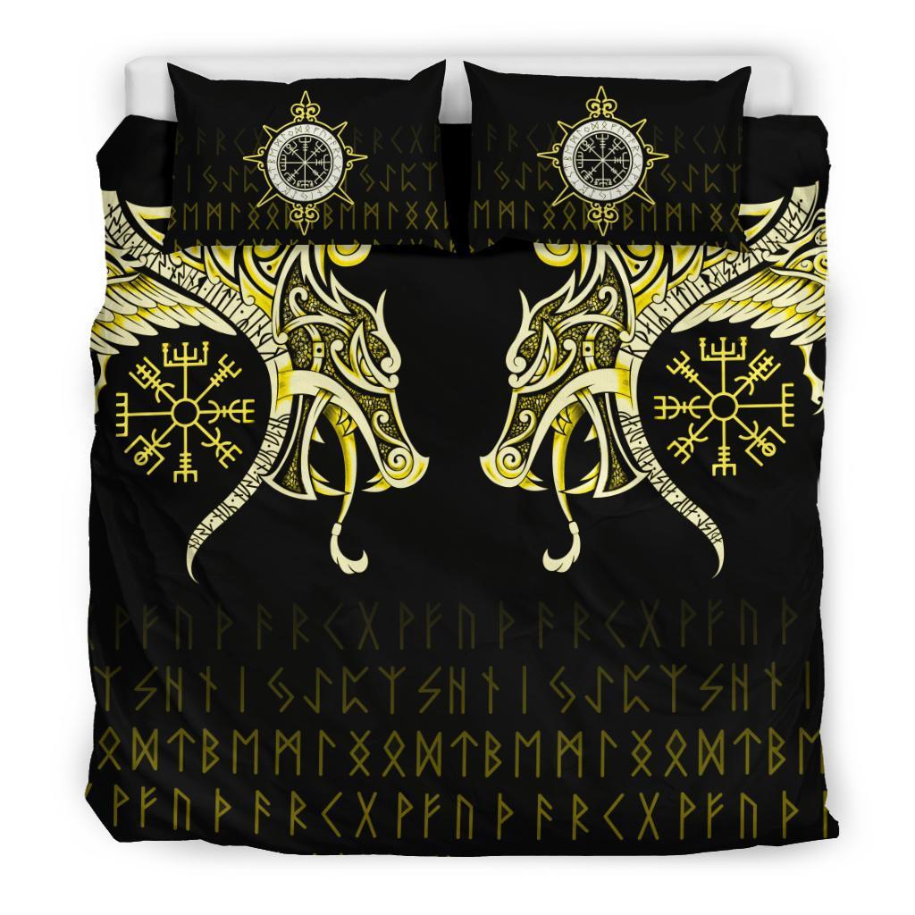 Viking Bedding Set Fenrir Raven And Vegvisir Tattoo Yellow