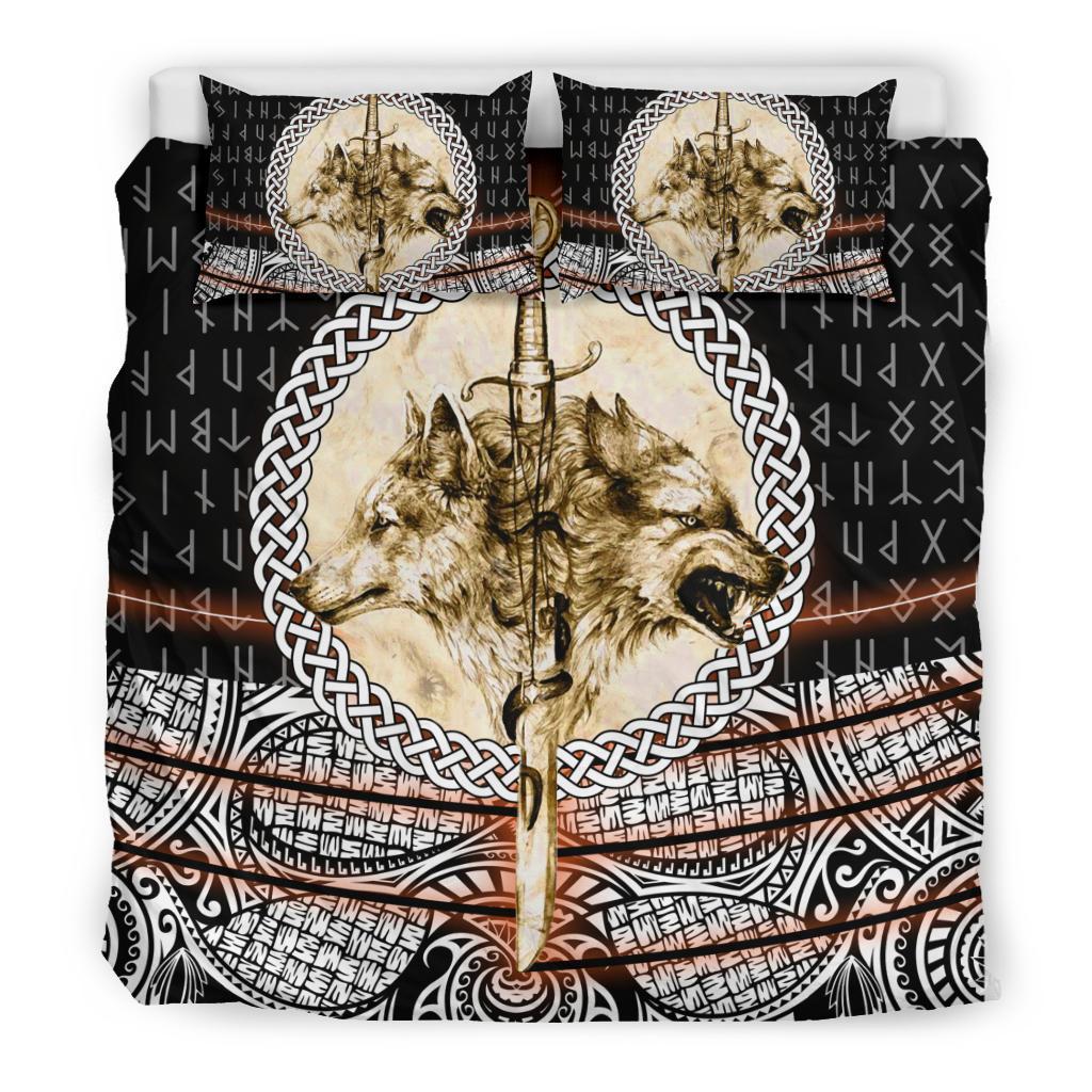 Viking Bedding Set Wolf and Vikings Tattoo 3D