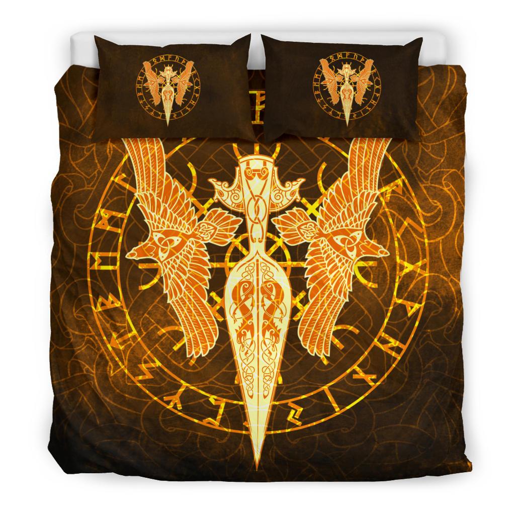 Viking Bedding Set Gold Spear Of The God Odin Gungnir And Two Gold Ravens