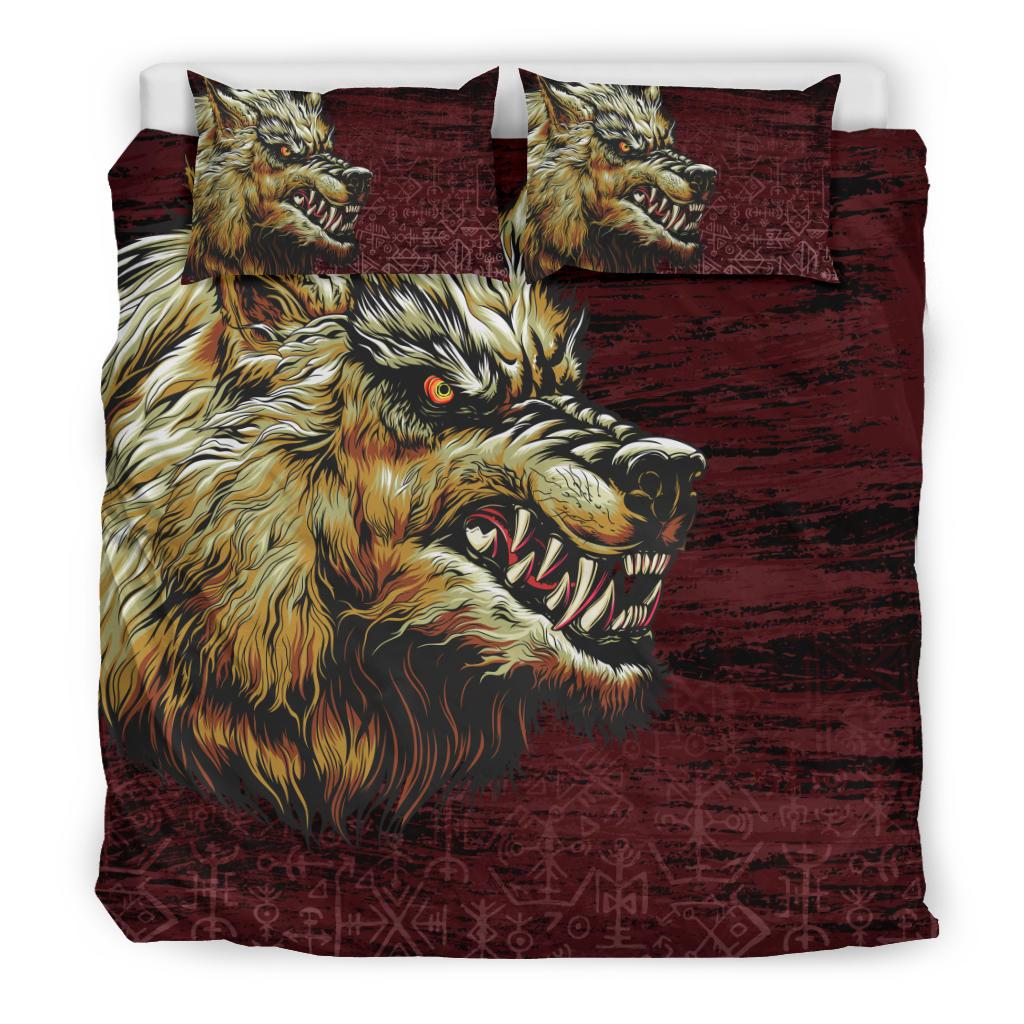 Viking Bedding Set Fenrir On The Blood Moon Background