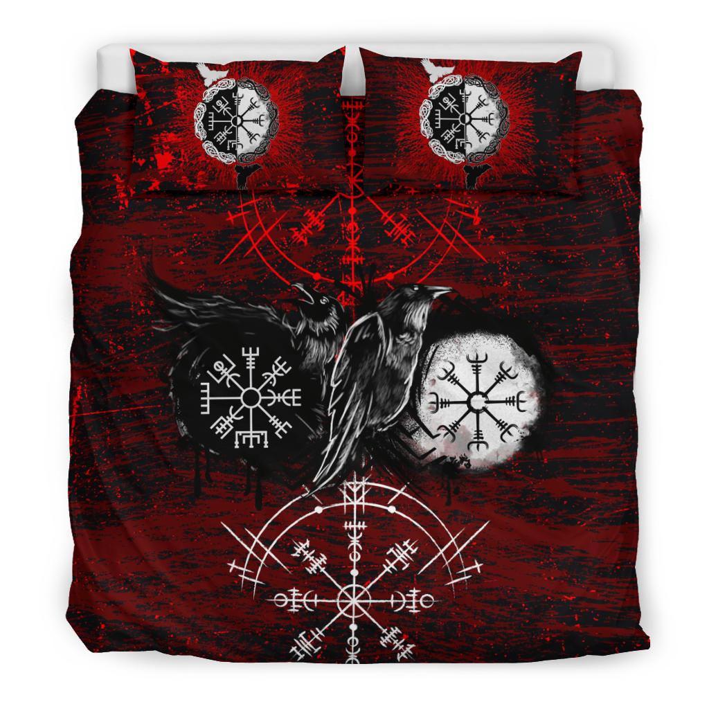 Viking Bedding Set Raven of Odin and Symbol Viking on Blood Background