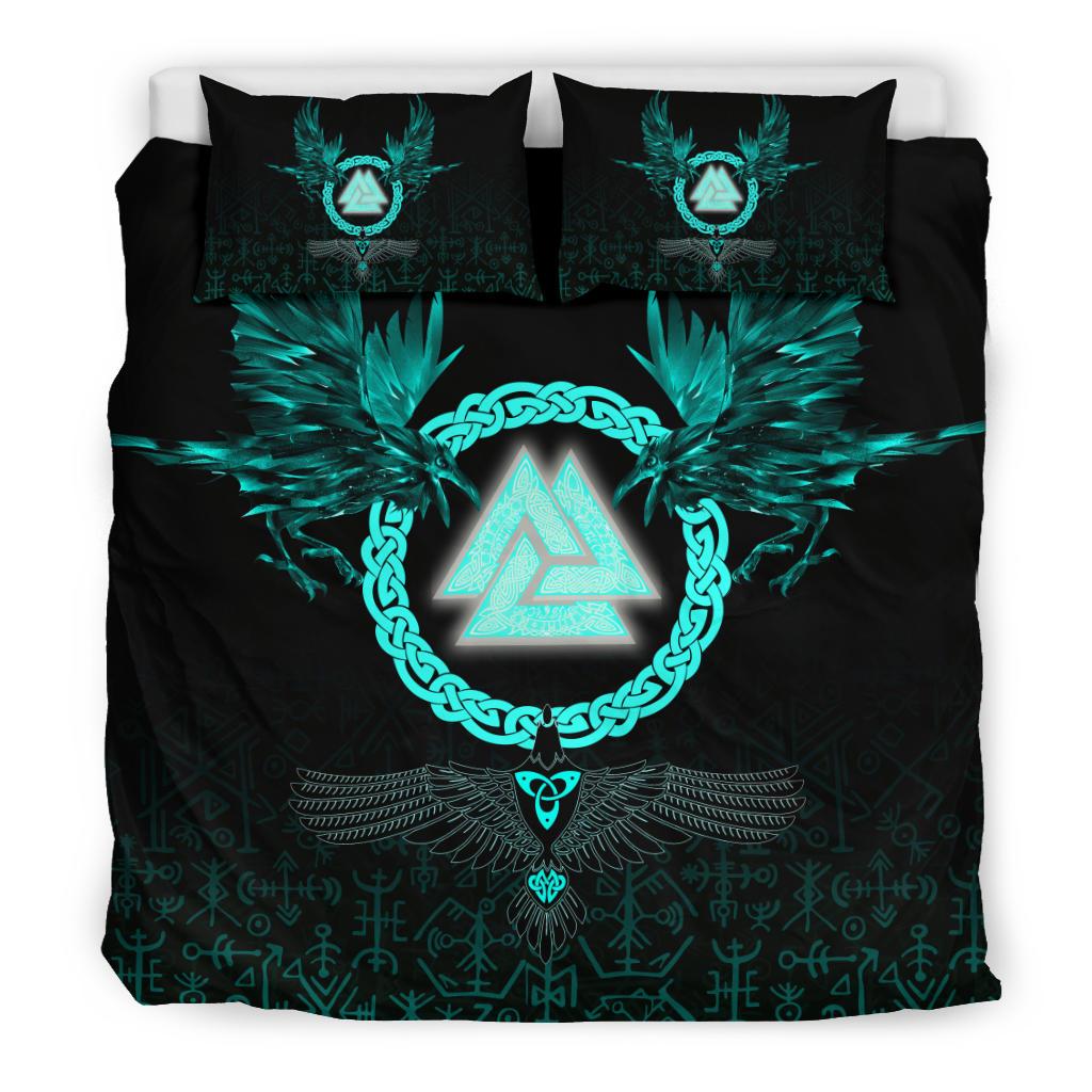 Viking Bedding Set Three Raven and Valknut Cyan