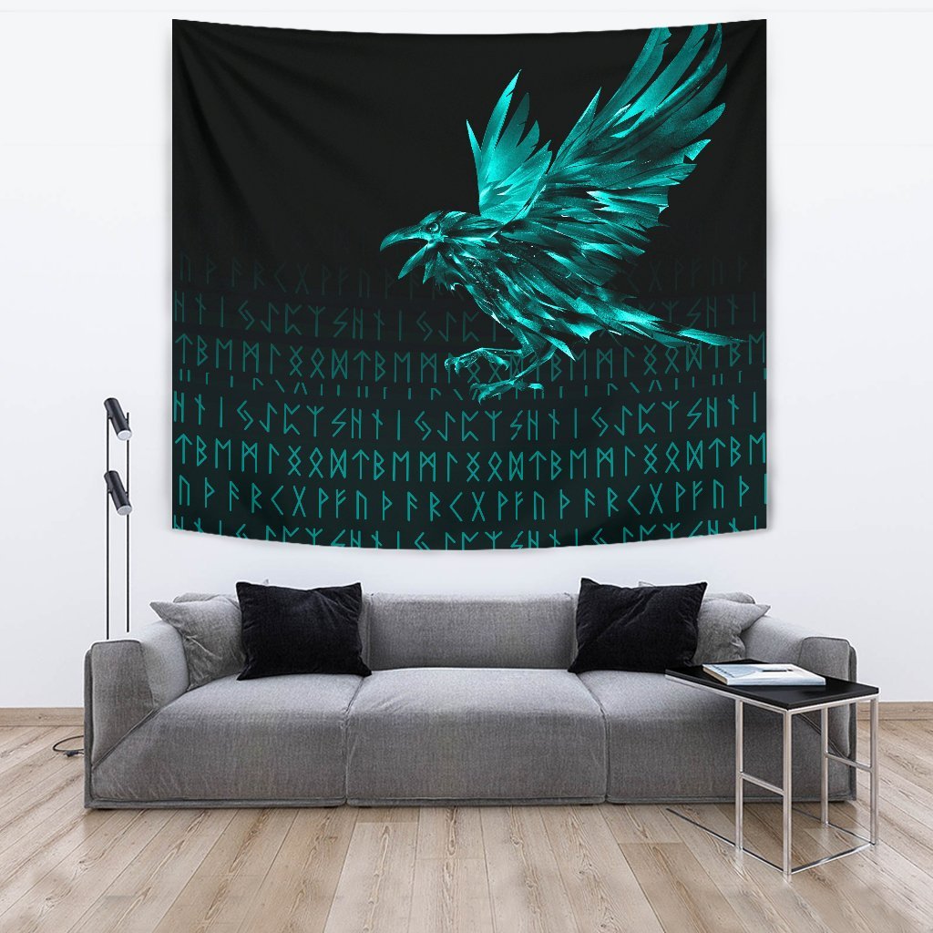 Viking Tapestry The Raven Of Odin Rune Cyan