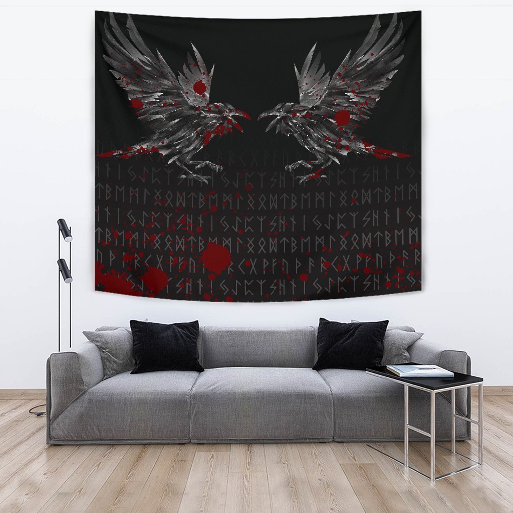 Viking Tapestry Odin Huginn and Muninn Rune Blood