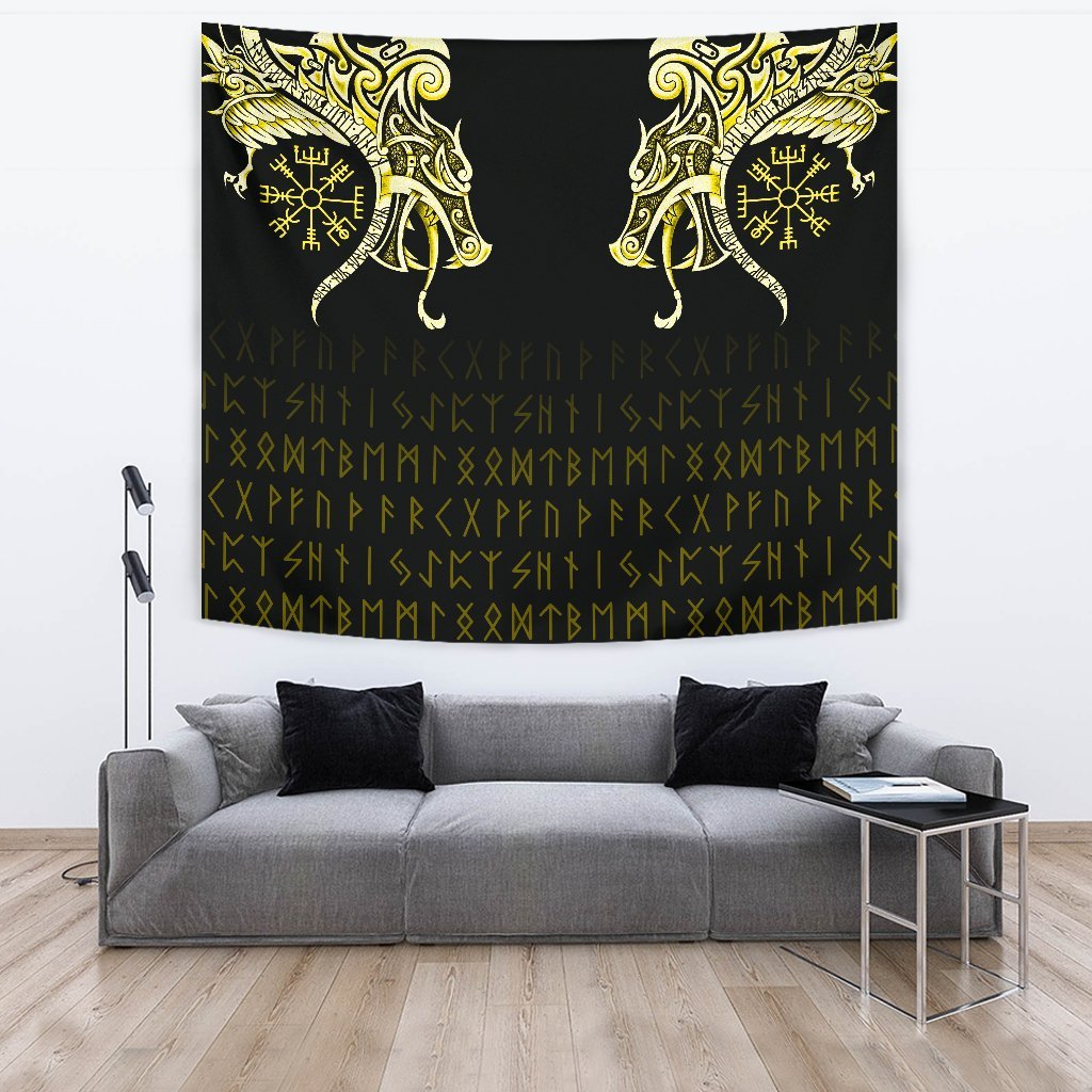 Viking Tapestry Fenrir Raven And Vegvisir Tattoo Yellow