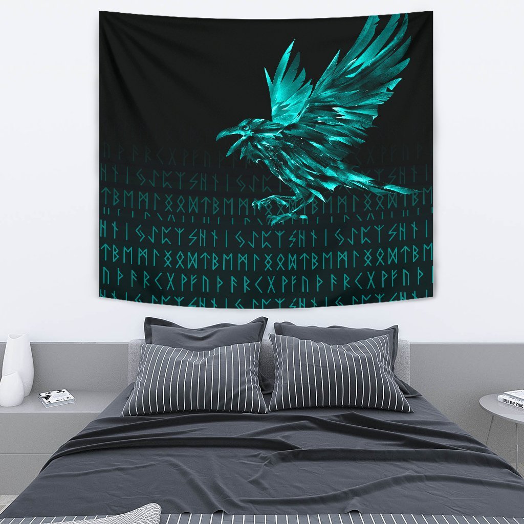 Viking Tapestry The Raven Of Odin Rune Cyan