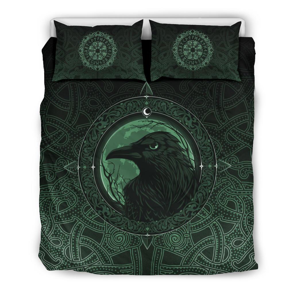 Viking Bedding Set Ethnic Odin Raven Green