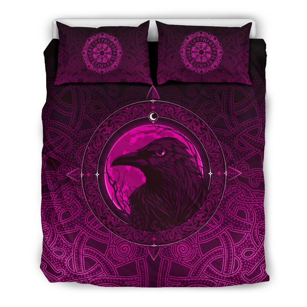 Viking Bedding Set Ethnic Odin Raven Pink