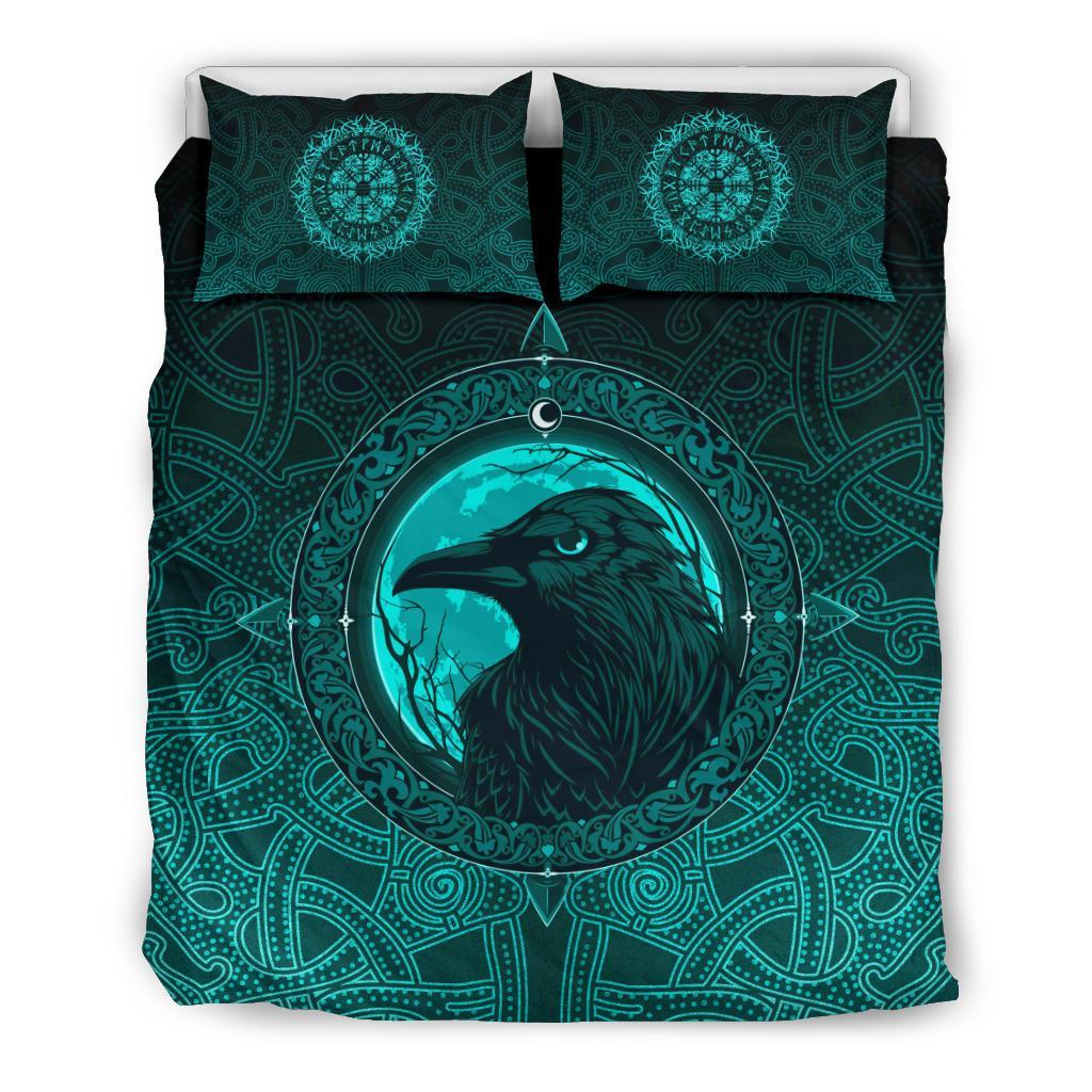 Viking Bedding Set Ethnic Odin Raven Cyan