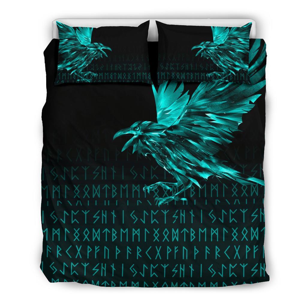 Viking Bedding Set The Raven Of Odin Rune Cyan Style