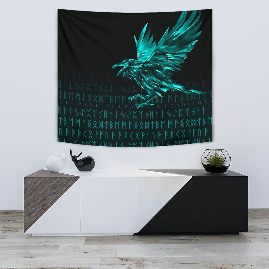 Viking Tapestry The Raven Of Odin Rune Cyan