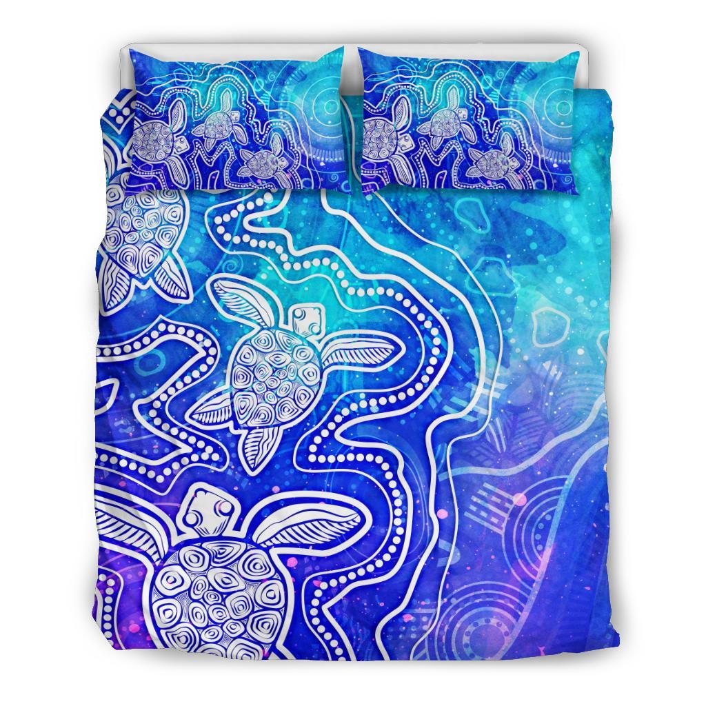 Aboriginal Bedding Set - Sea Turtle With Indigenous Patterns (Blue)