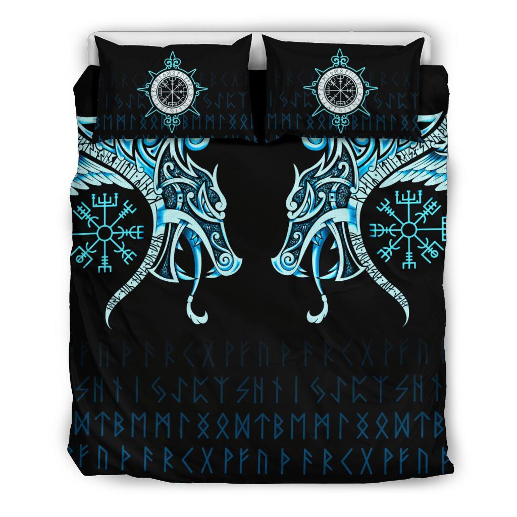 Viking Bedding Set Fenrir Raven And Vegvisir Tattoo Cyan