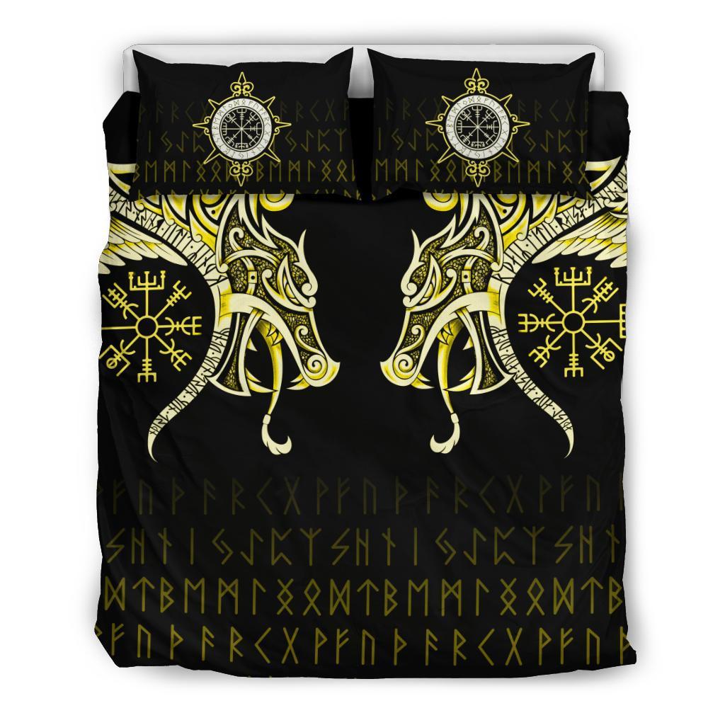 Viking Bedding Set Fenrir Raven And Vegvisir Tattoo Yellow