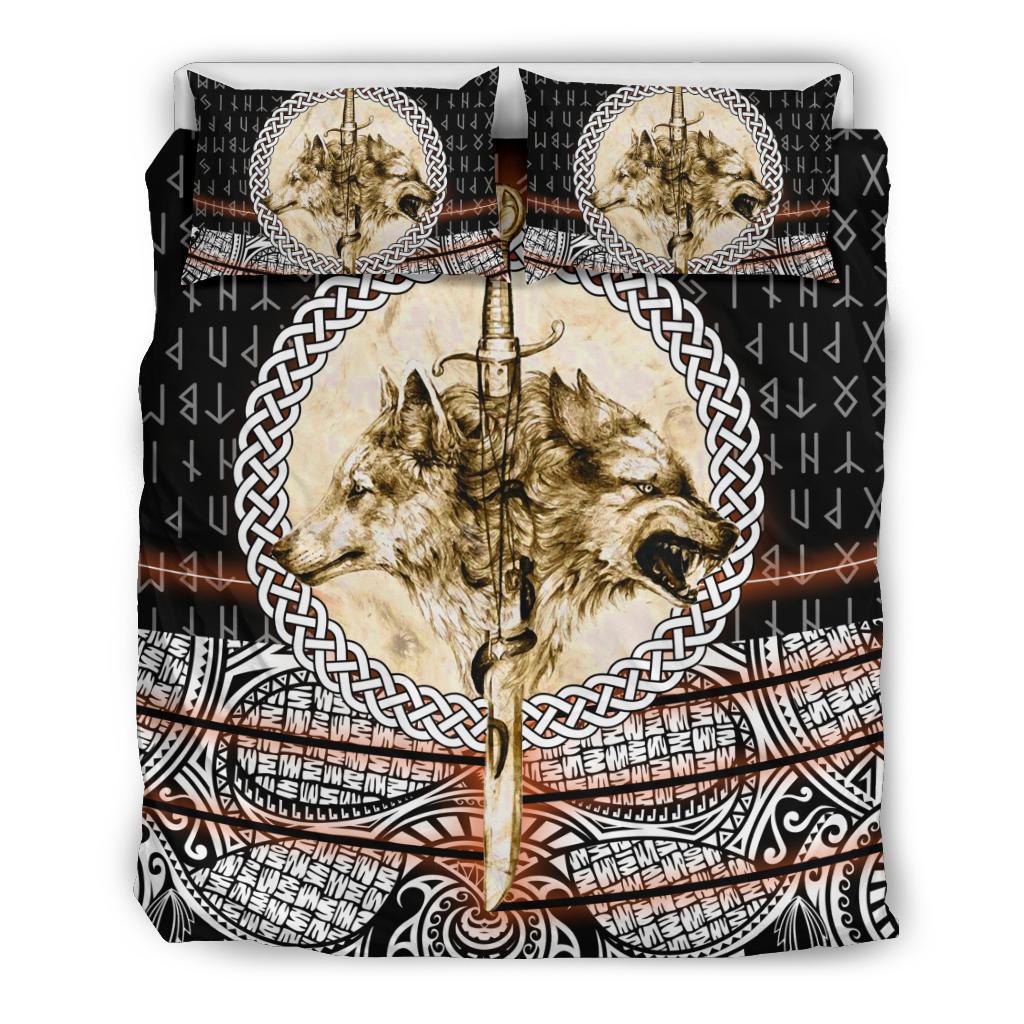 Viking Bedding Set Wolf and Vikings Tattoo 3D