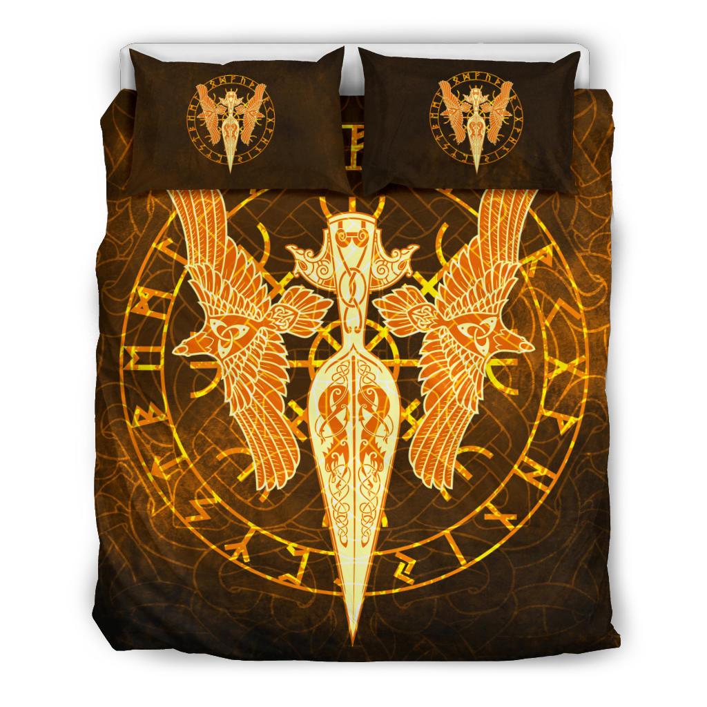 Viking Bedding Set Gold Spear Of The God Odin Gungnir And Two Gold Ravens