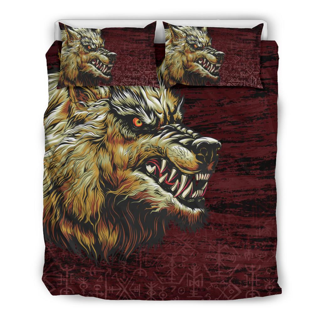 Viking Bedding Set Fenrir On The Blood Moon Background