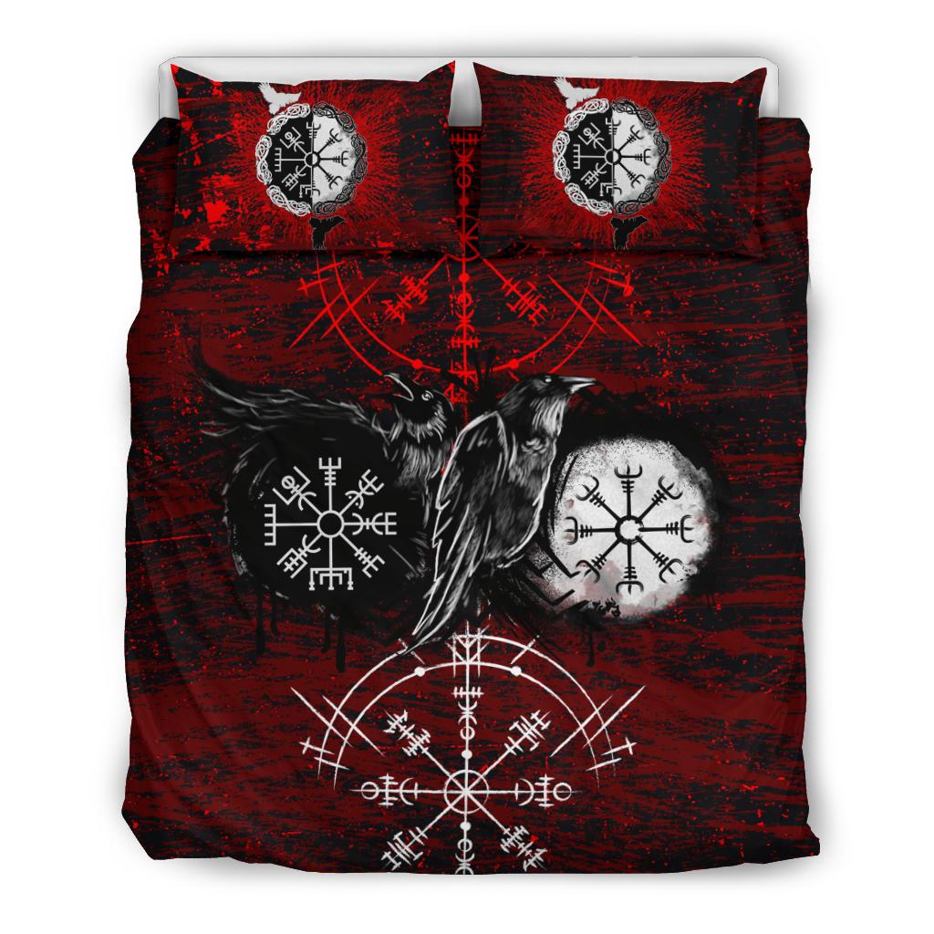 Viking Bedding Set Raven of Odin and Symbol Viking on Blood Background