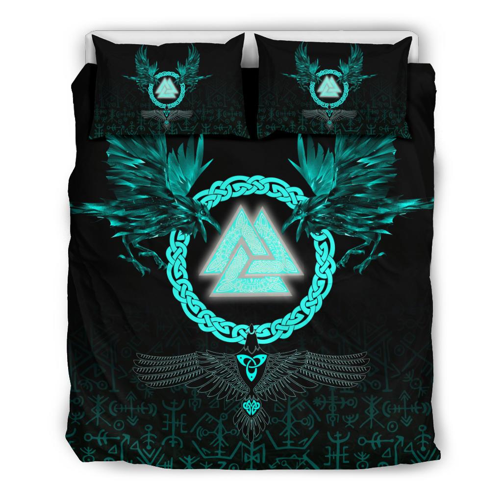 Viking Bedding Set Three Raven and Valknut Cyan