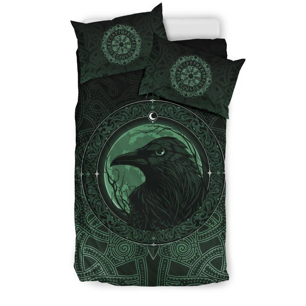 Viking Bedding Set Ethnic Odin Raven Green