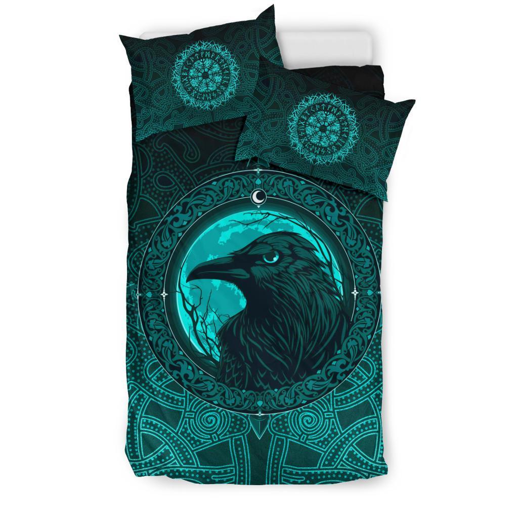 Viking Bedding Set Ethnic Odin Raven Cyan