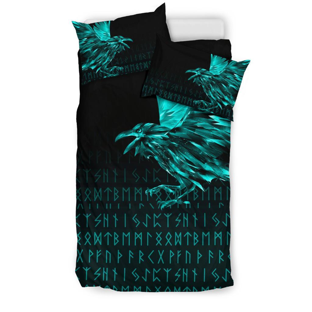 Viking Bedding Set The Raven Of Odin Rune Cyan Style