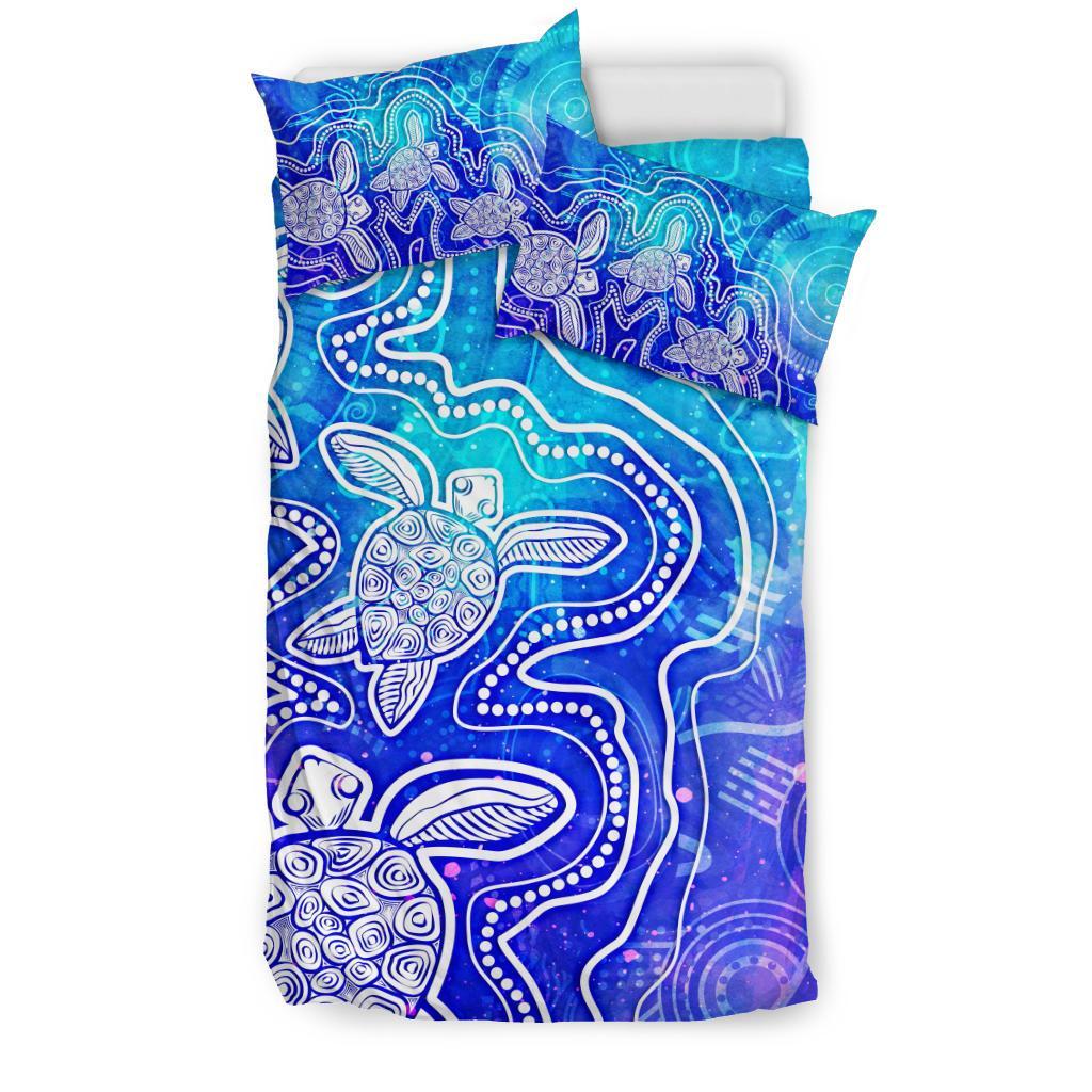 Aboriginal Bedding Set - Sea Turtle With Indigenous Patterns (Blue)