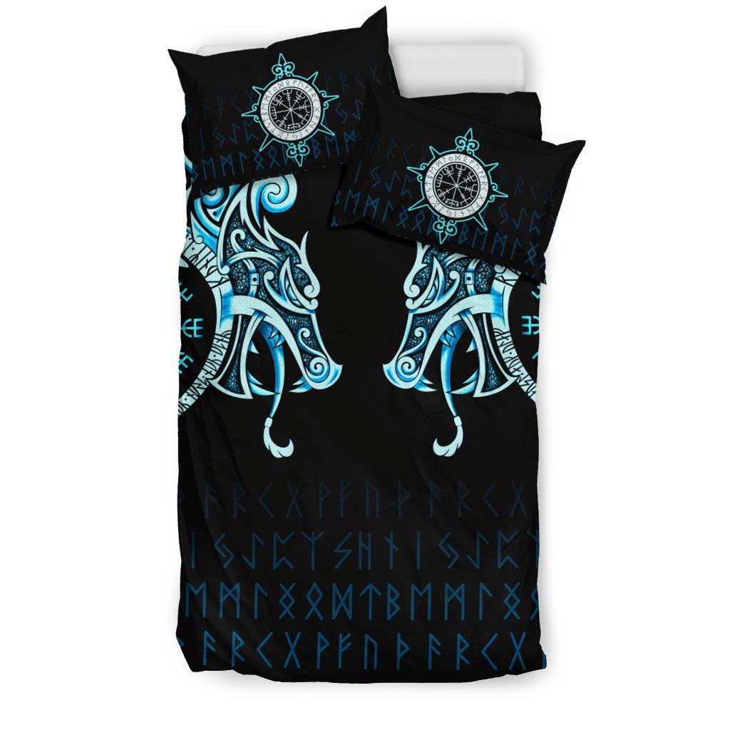 Viking Bedding Set Fenrir Raven And Vegvisir Tattoo Cyan