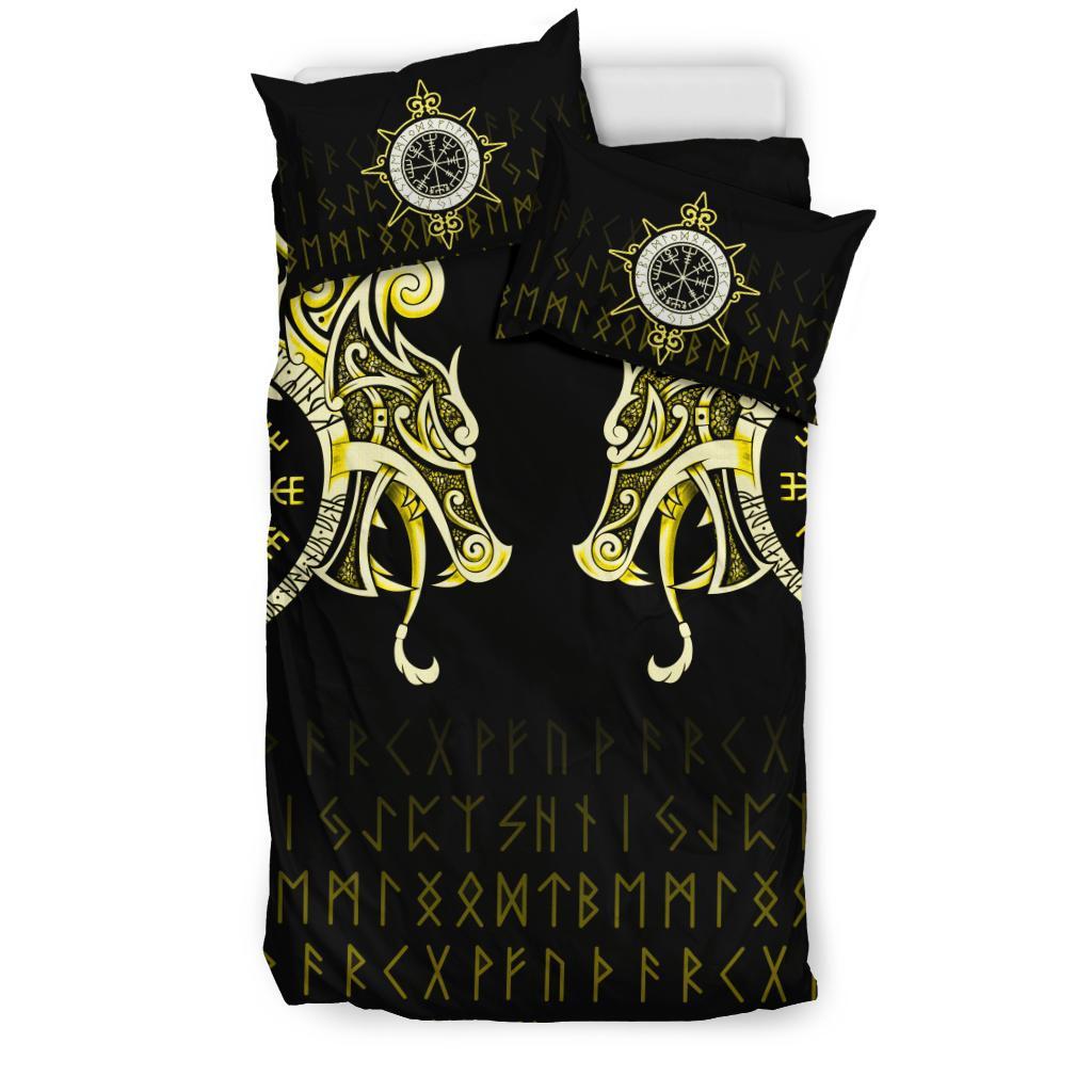 Viking Bedding Set Fenrir Raven And Vegvisir Tattoo Yellow