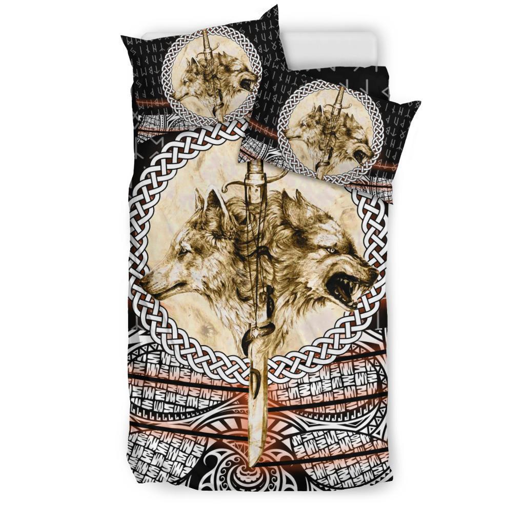 Viking Bedding Set Wolf and Vikings Tattoo 3D