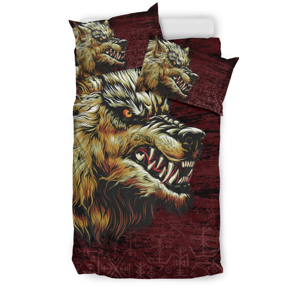 Viking Bedding Set Fenrir On The Blood Moon Background