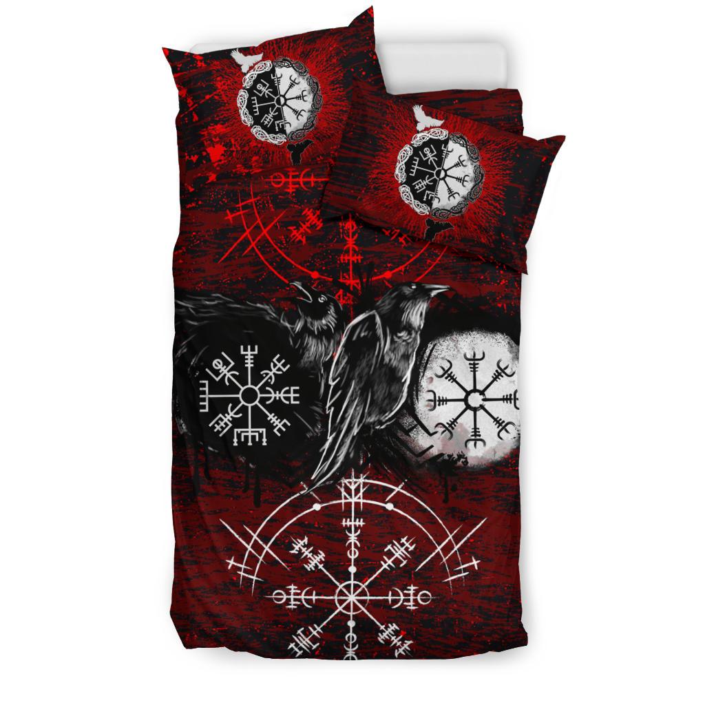 Viking Bedding Set Raven of Odin and Symbol Viking on Blood Background