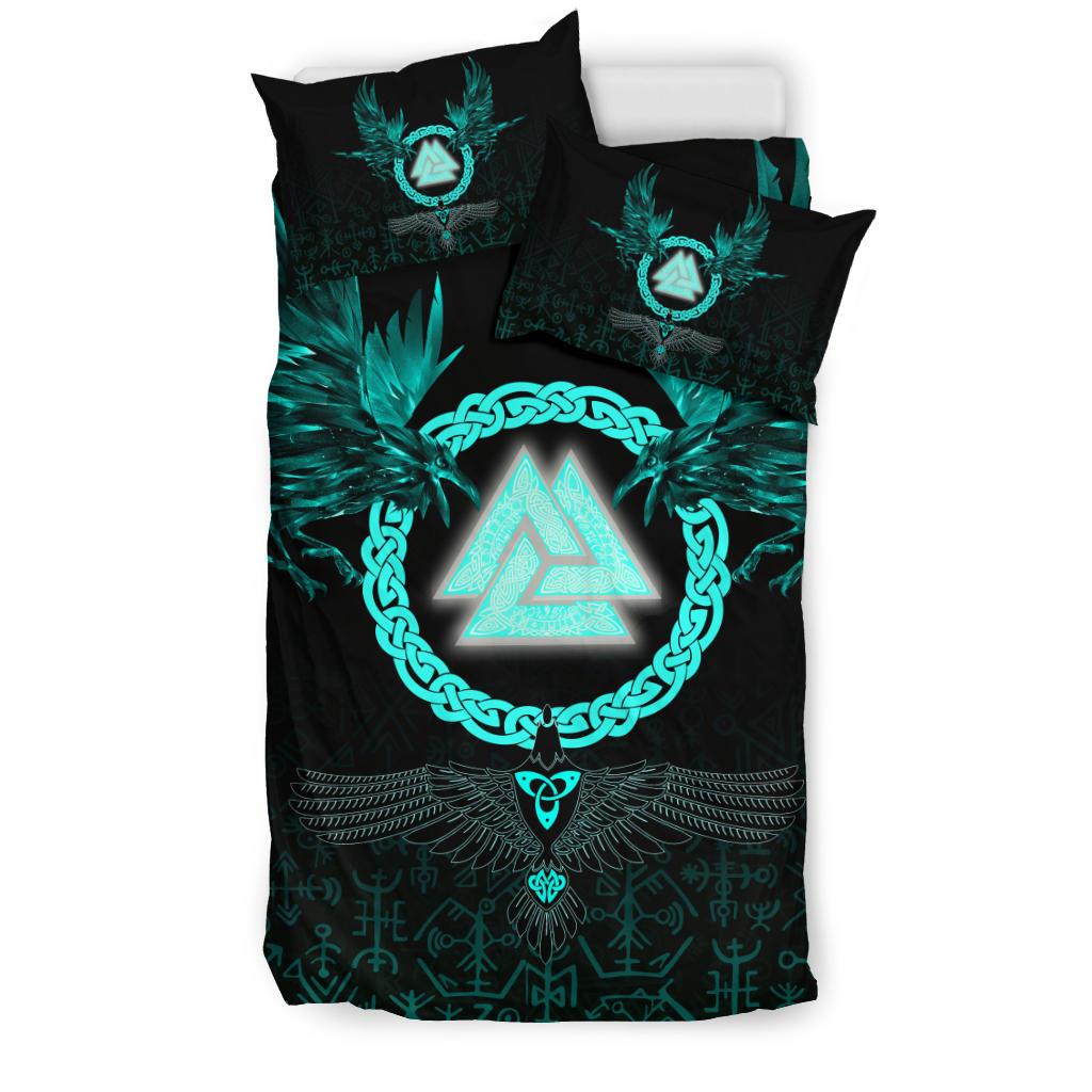 Viking Bedding Set Three Raven and Valknut Cyan