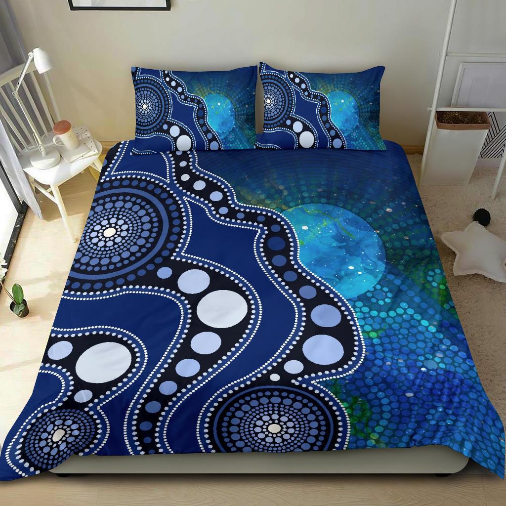 Aboriginal Bedding Set - Australia Indigenous Flag Circle Dot Painting Art (Blue)