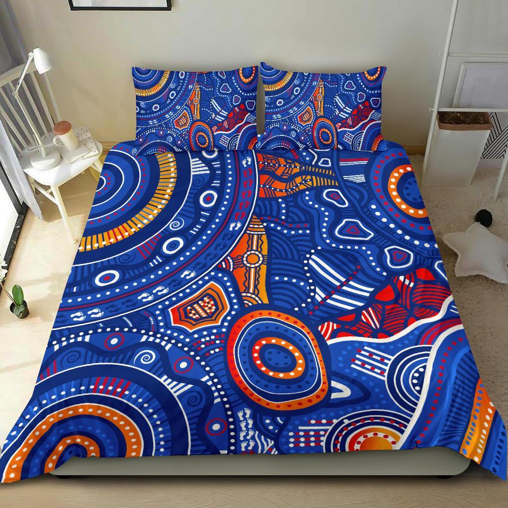 Aboriginal Bedding Set - Indigenous Footprint Patterns Blue Color