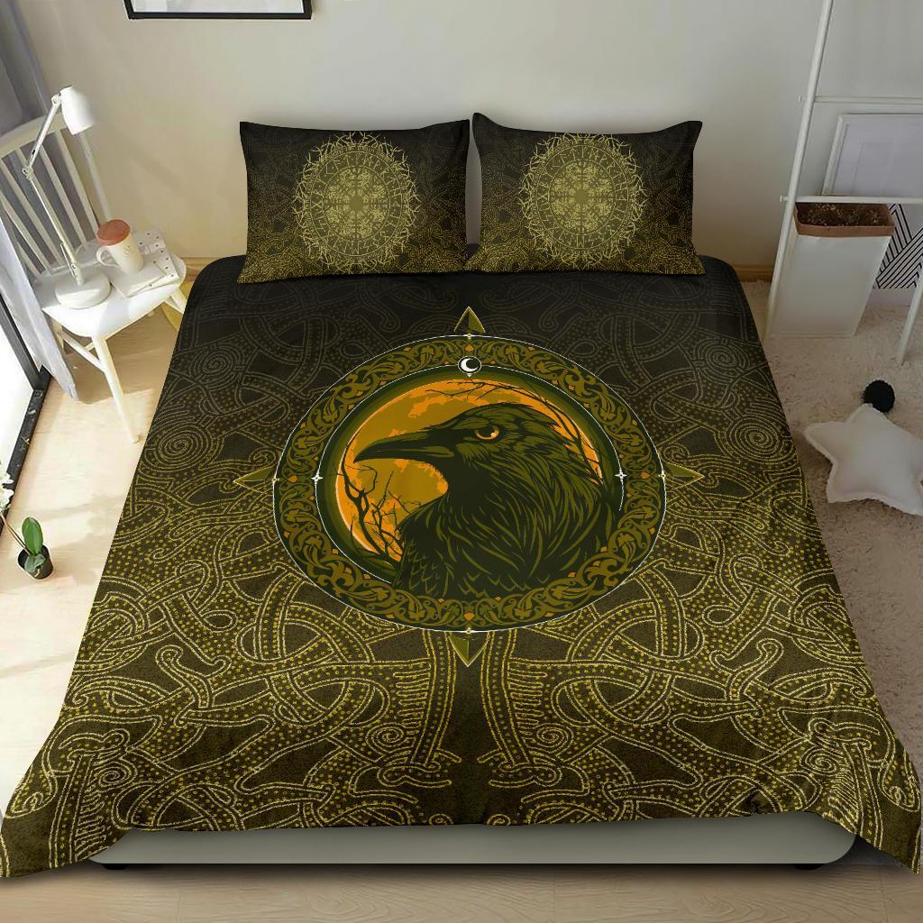 Viking Bedding Set Ethnic Odin Raven Gold