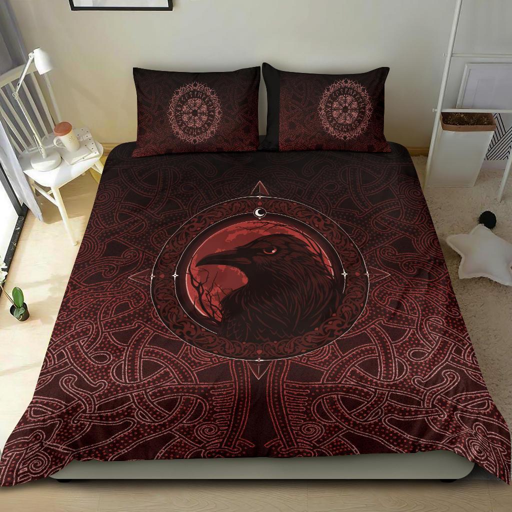 Viking Bedding Set Ethnic Odin Raven Red