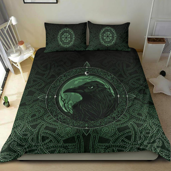 Viking Bedding Set Ethnic Odin Raven Green