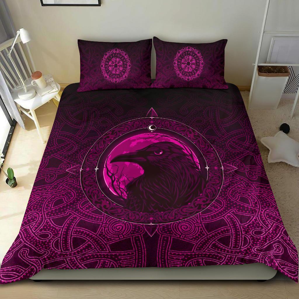 Viking Bedding Set Ethnic Odin Raven Pink