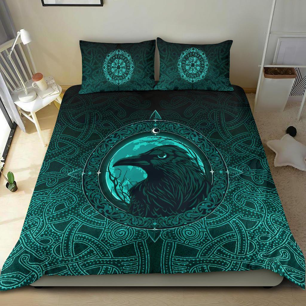 Viking Bedding Set Ethnic Odin Raven Cyan