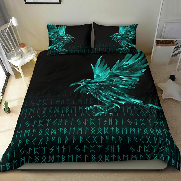 Viking Bedding Set The Raven Of Odin Rune Cyan Style