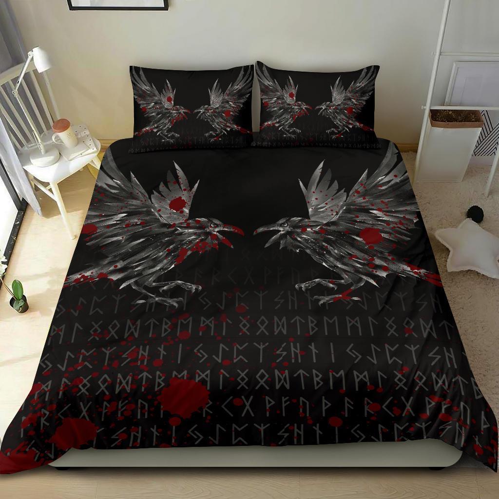 Viking Bedding Set Odin Huginn and Muninn Rune Blood