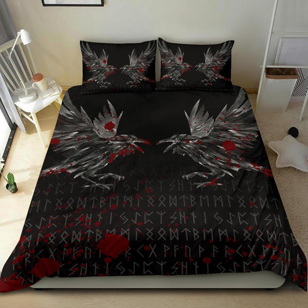 Viking Bedding Set Odin Huginn and Muninn Rune Blood