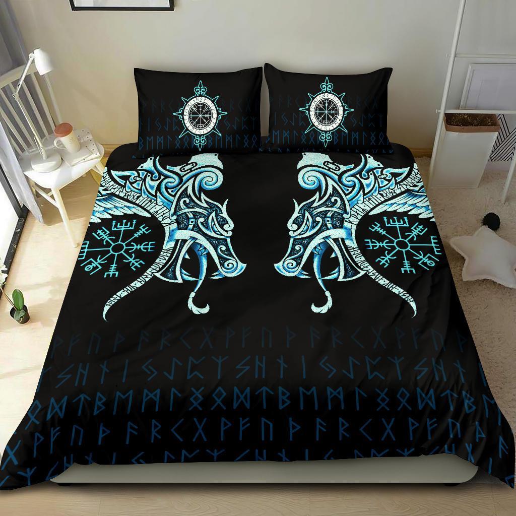 Viking Bedding Set Fenrir Raven And Vegvisir Tattoo Cyan