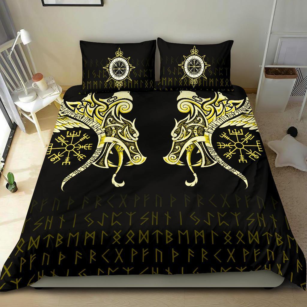 Viking Bedding Set Fenrir Raven And Vegvisir Tattoo Yellow