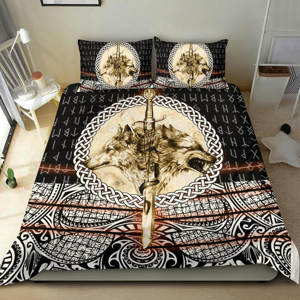 Viking Bedding Set Wolf and Vikings Tattoo 3D