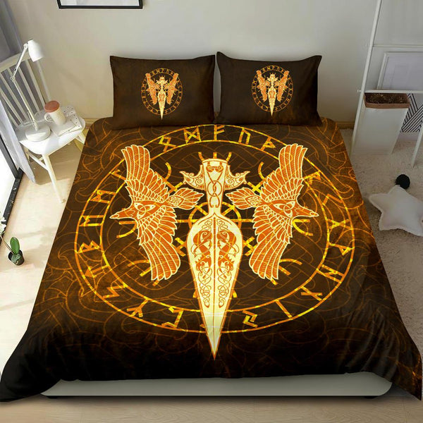 Viking Bedding Set Gold Spear Of The God Odin Gungnir And Two Gold Ravens